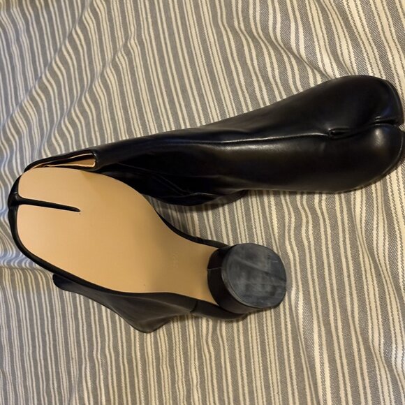 Black Leather Tabi Split Toe Ankle Boots Block Heel - Picture 1 of 7